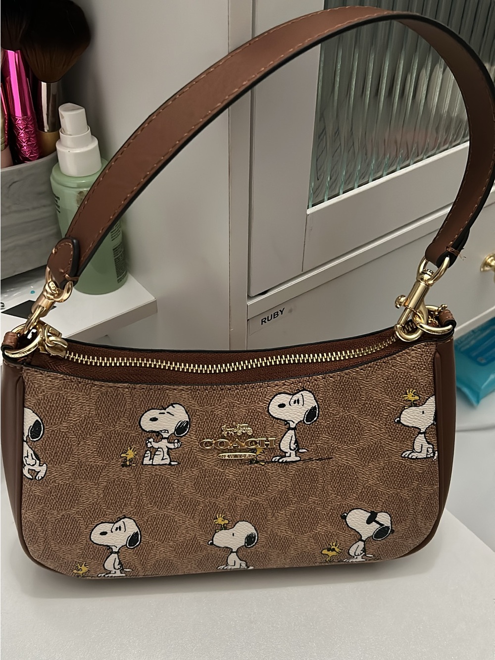Coach Brown Snoopy Print Leather Shoulder Bag with Gold Hardware